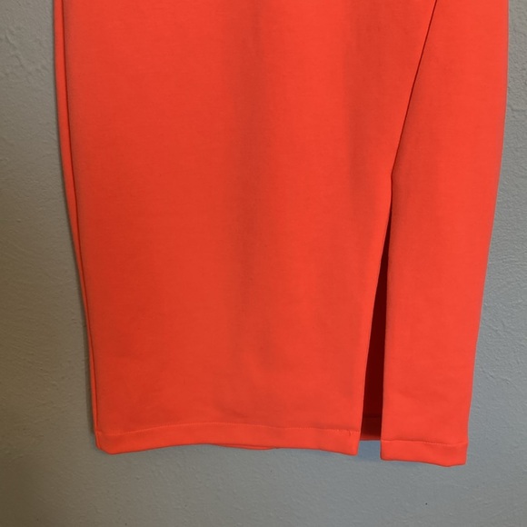Lulu's Womens Size XS Neon Coral Bodycon Midi Dress Going Out Slit V-Neck Party - Picture 3 of 14